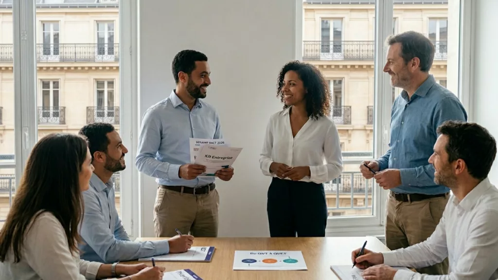 Un groupe de collaborateurs réunis autour d'une table de réunion discutant de la Semaine QVCT 2026.