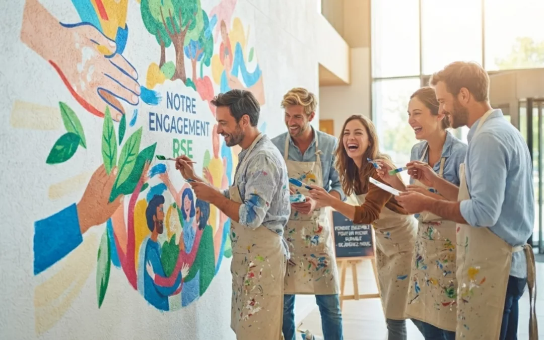 Un groupe de collaborateurs en tabliers, souriants et heureux, peignant ensemble une grande fresque murale colorée dans le hall d'une entreprise, illustrant une démarche RSE collaborative.