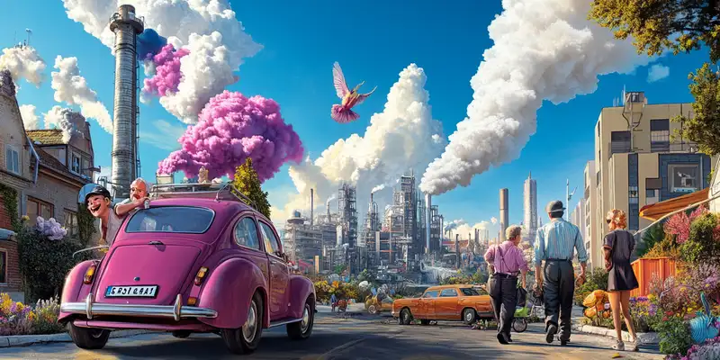 Ville industrielle colorée et fumées, impacts croisés de l'entreprise et de son environnement, double matérialité CSRD