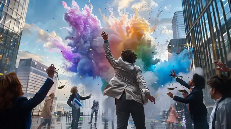 Équipe célébrant avec des poudres colorées, jeu de cohésion d'équipe en entreprise